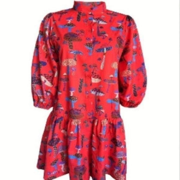 Red Mushroom Button Up Oversized Lantern Sleeve Lapel Collar Mini Dress XL - Picture 1 of 6